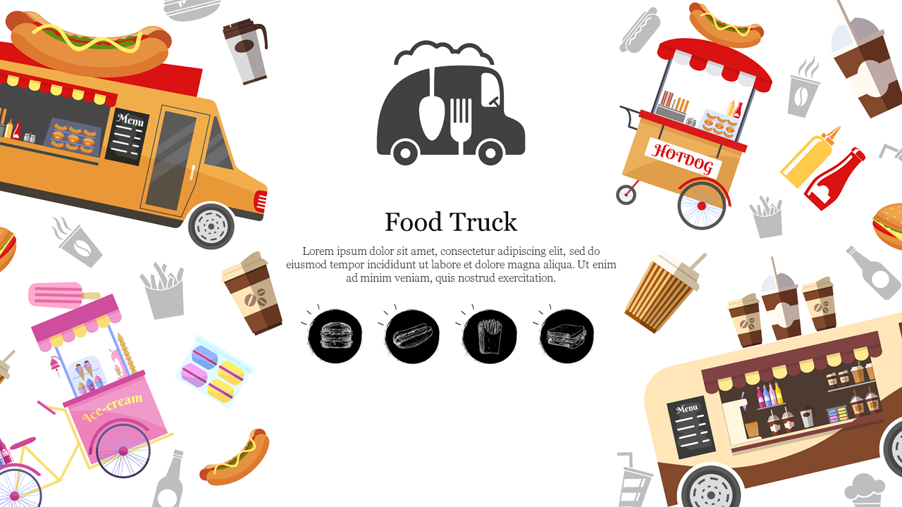 Illustration of various colorful food trucks and items like hot dogs and coffee cups, surrounding text and black icons.