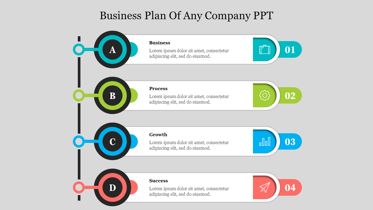 Business plan of any company PowerPoint slide featuring four sections labeled with color coded icons and placeholder text.