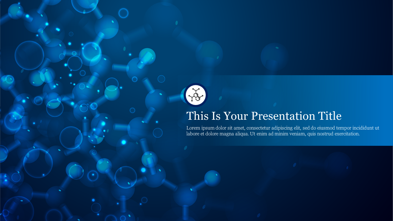 Glowing molecular shapes, featuring a text overlay for the presentation title, all set on a dark blue background.