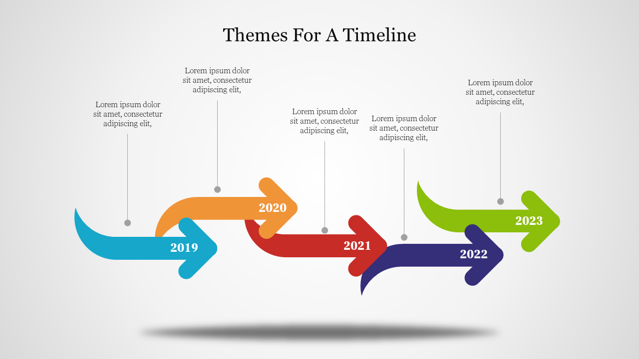 Horizontal timeline with arrows connecting years 2019, 2020, 2021, 2022, and 2023 with placeholder text for each year.