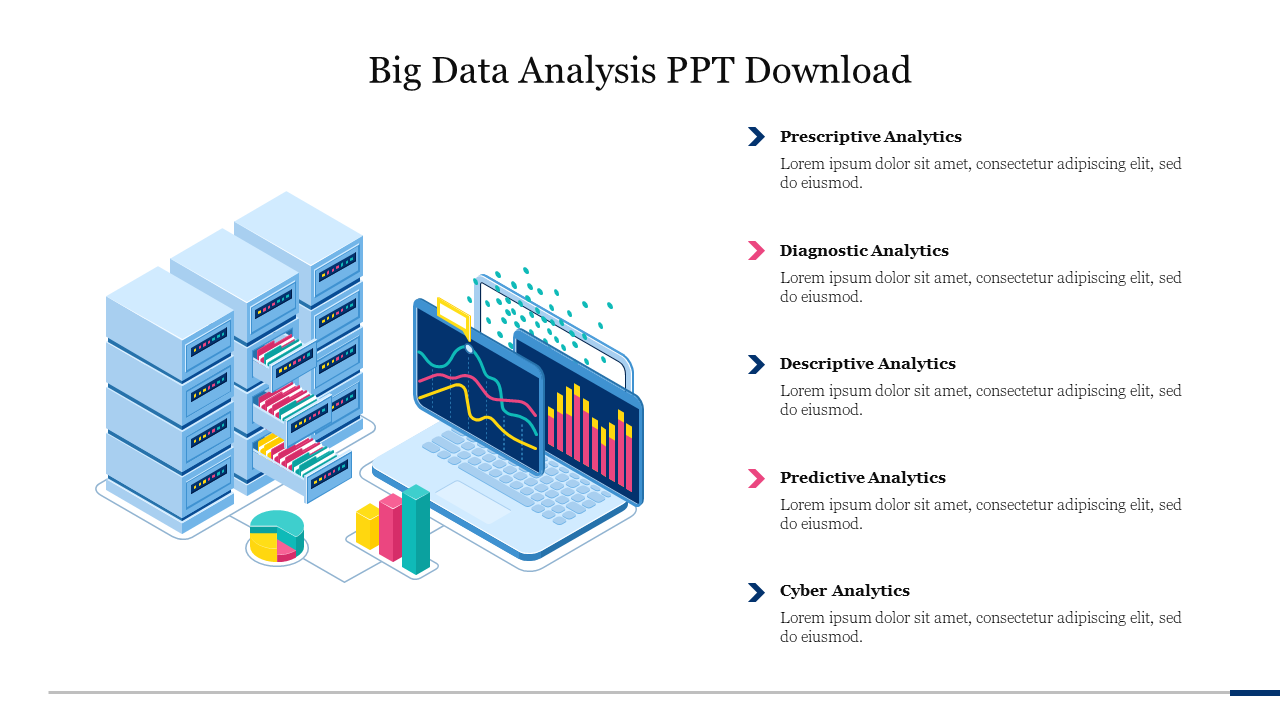 Slide design featuring a laptop and data storage graphics for big data analysis, listing various categories with text.