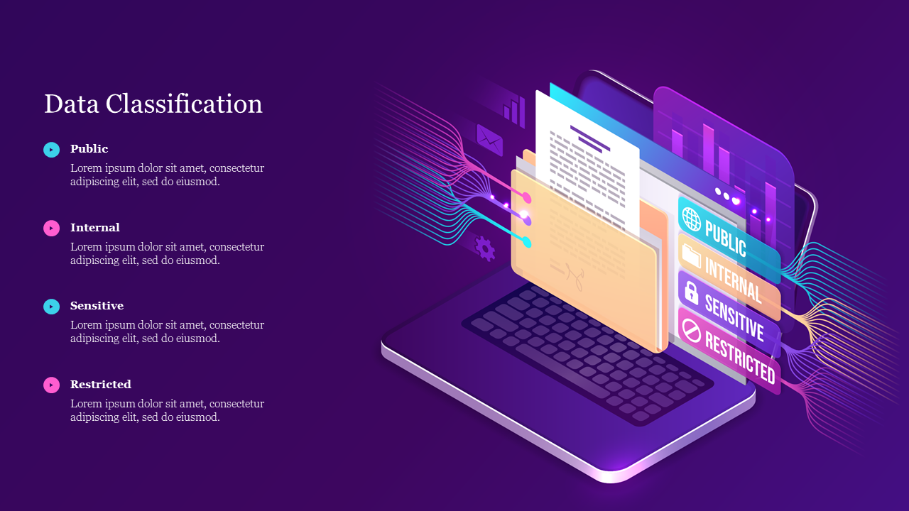 Visual representation of data classification, featuring a laptop and labeled categories on a purple background.