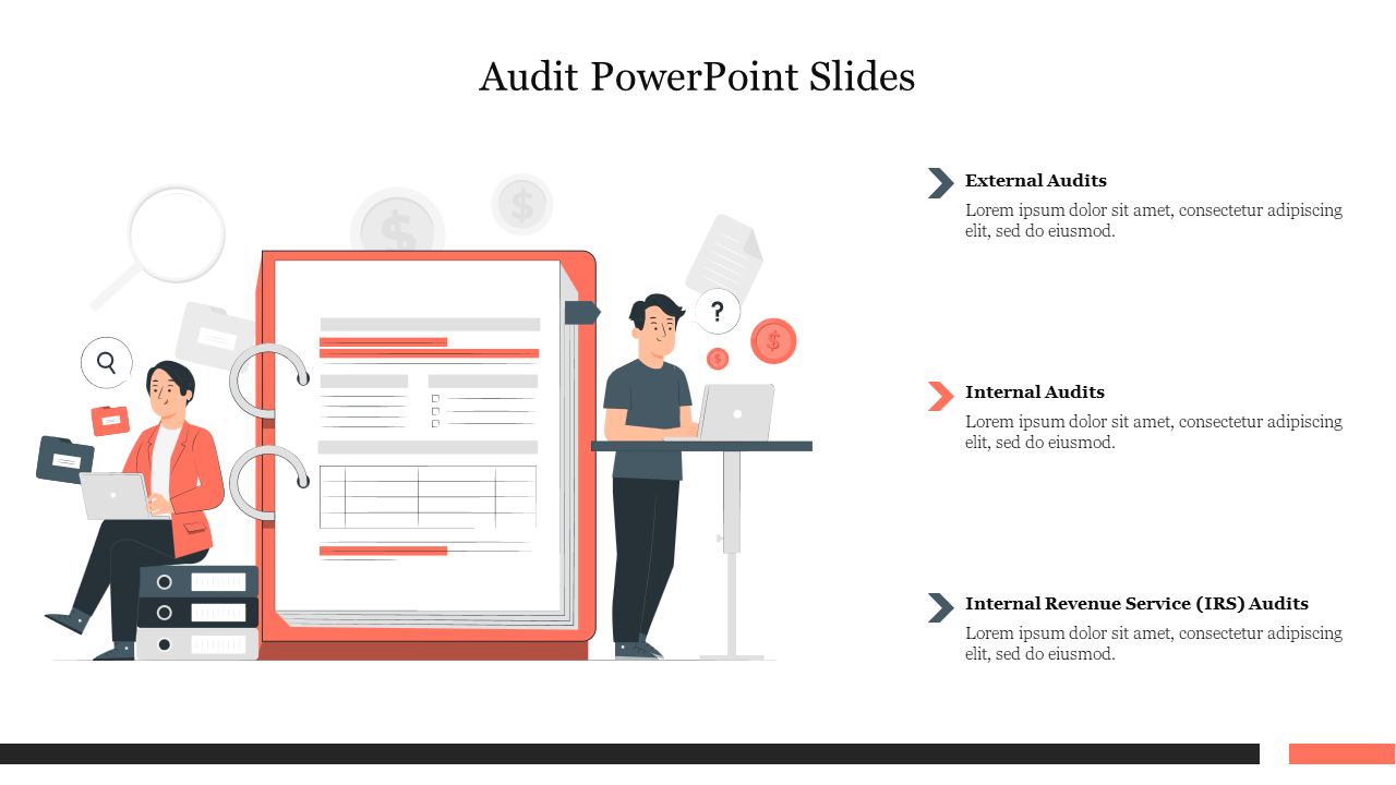 Audit themed slide with illustrations depicting various auditing processes with placeholder text.