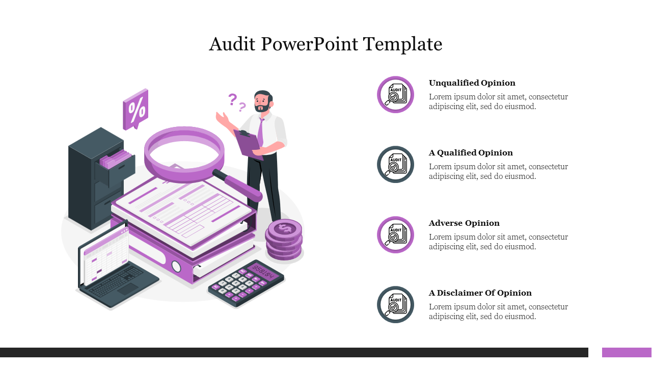 Audit themed illustration with a person reviewing documents using a magnifying glass with four types of icons and text.