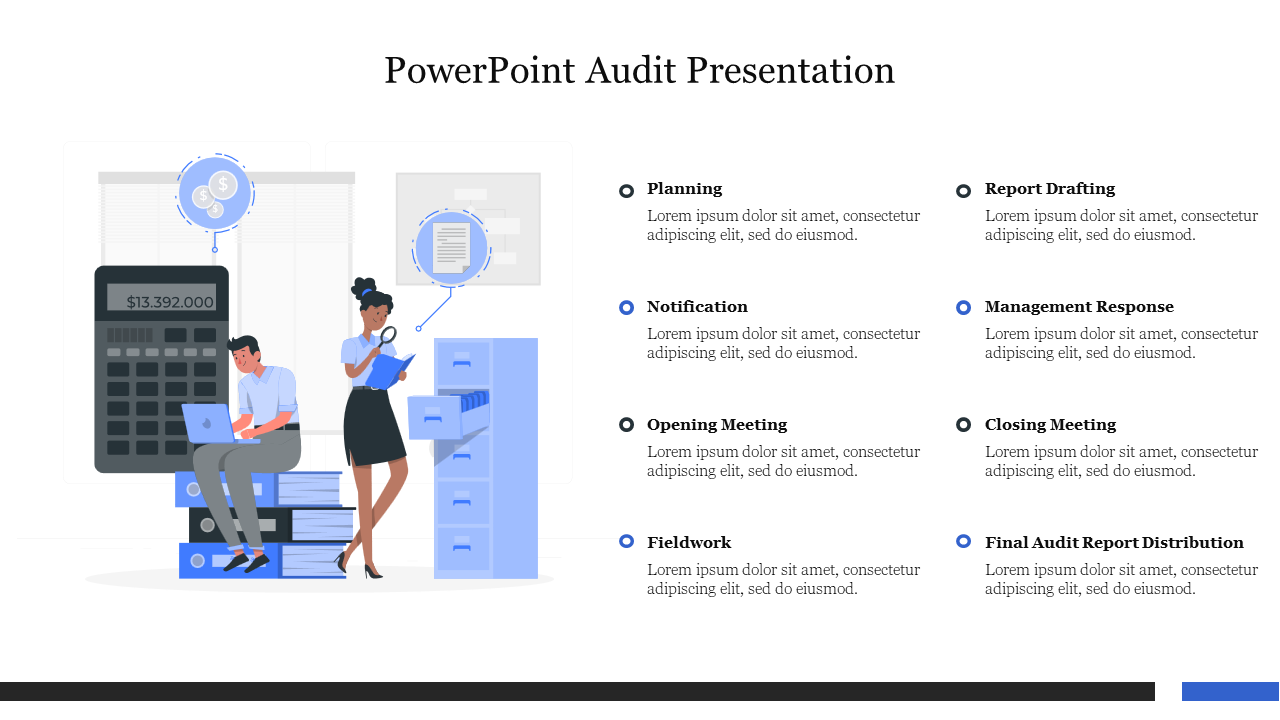 Audit presentation with a person reviewing files and another using a laptop, with nine bullet points on the right.