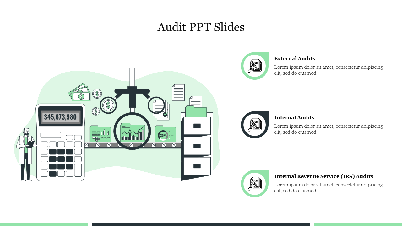 Visual representation of auditing with icons,  and three labeled sections for types of audits on the right.