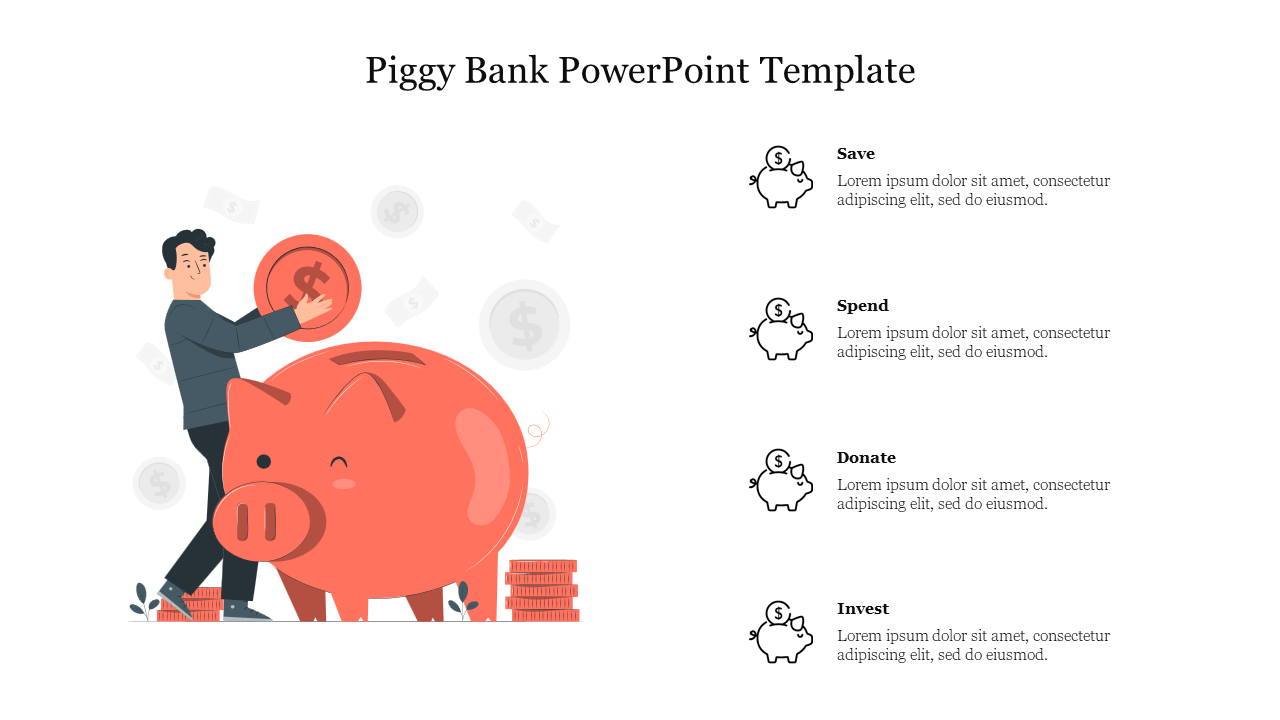 Graphic of a piggy bank with a person holding a coin, and four labeled categories on the right for financial actions.