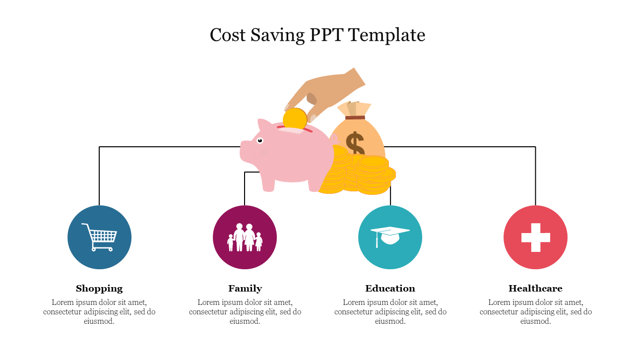 Colorful cost saving slide with a piggy bank, coins, and icons with a text area.