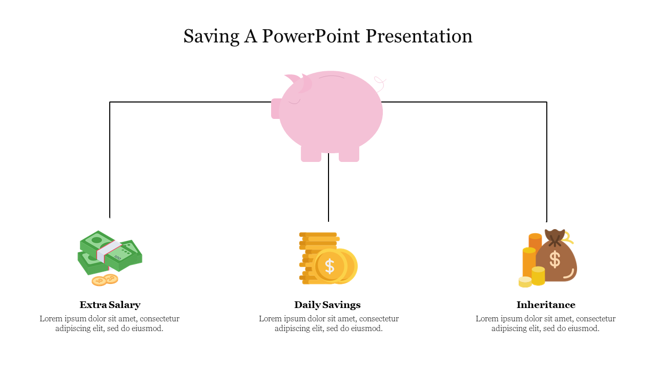 Illustration of pink piggy bank connected to three financial icons of cash, coins, and a bag of money.