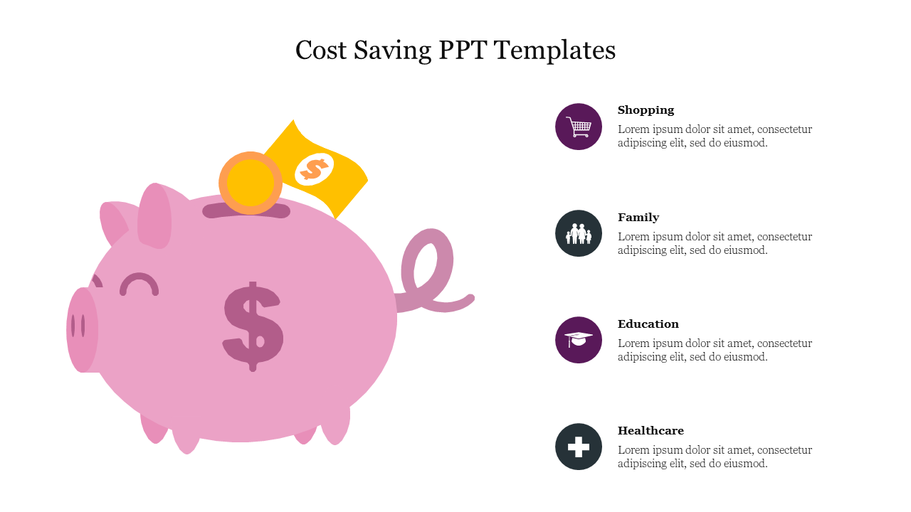 Illustration of a pink piggy bank with a dollar symbol and yellow coin and four icons with text on the right.