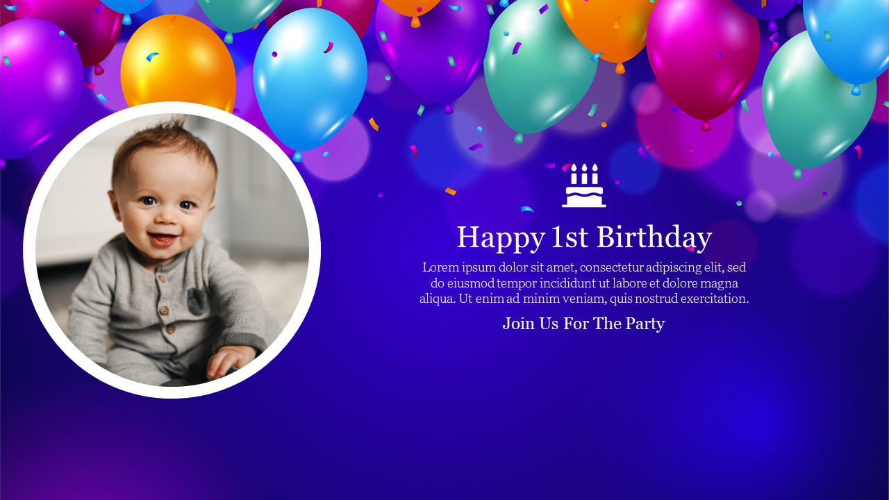 A smiling baby in a round frame, surrounded by colorful balloons and confetti, with birthday text on a dark blue backdrop.