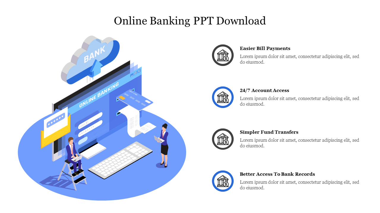 Online banking benefits highlighted with icons, including bill payments, account access, and bank records.