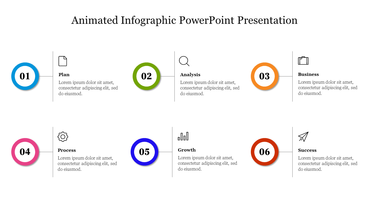 Timeline infographic with six numbered circles connected to icons for planning, analysis, and growth.