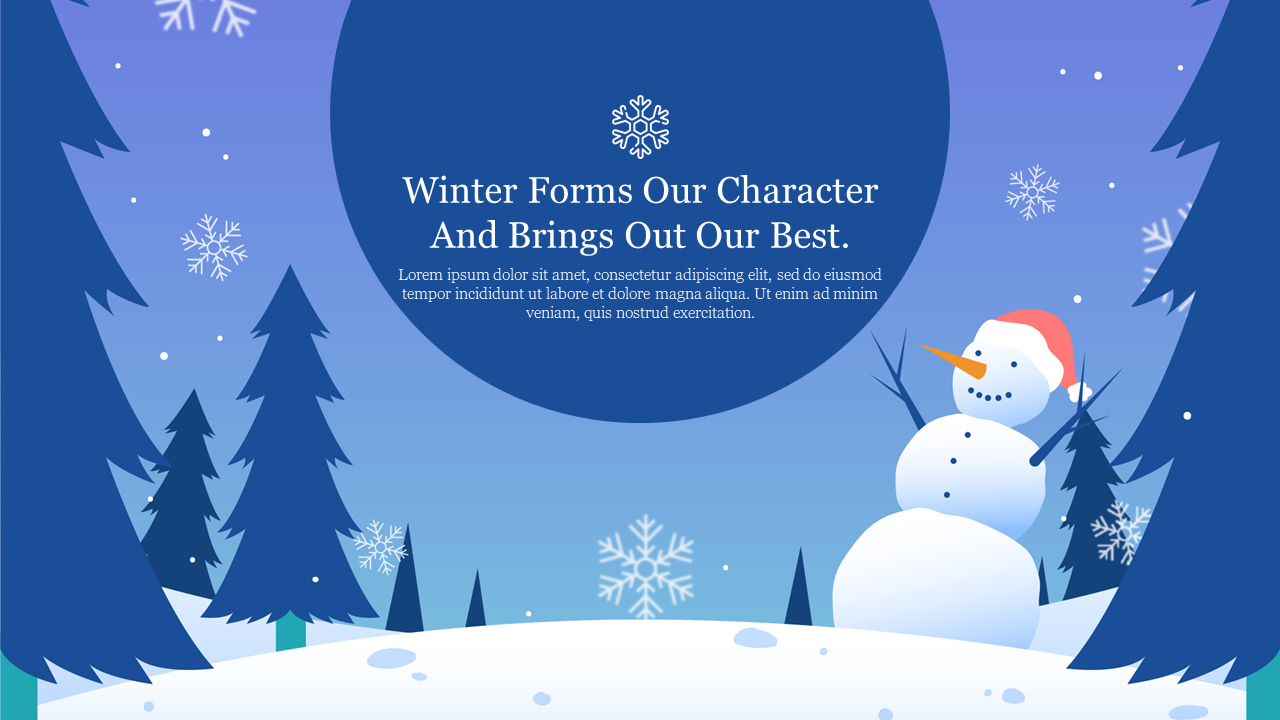 Winter-themed illustration with a snowman, pine trees, and falling snowflakes on a blue background.