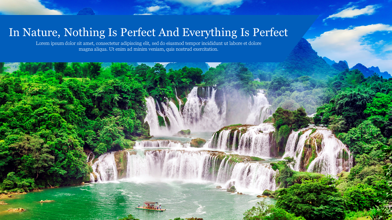 Majestic waterfall landscape with a boat on the water and inspirational text about nature’s perfection.