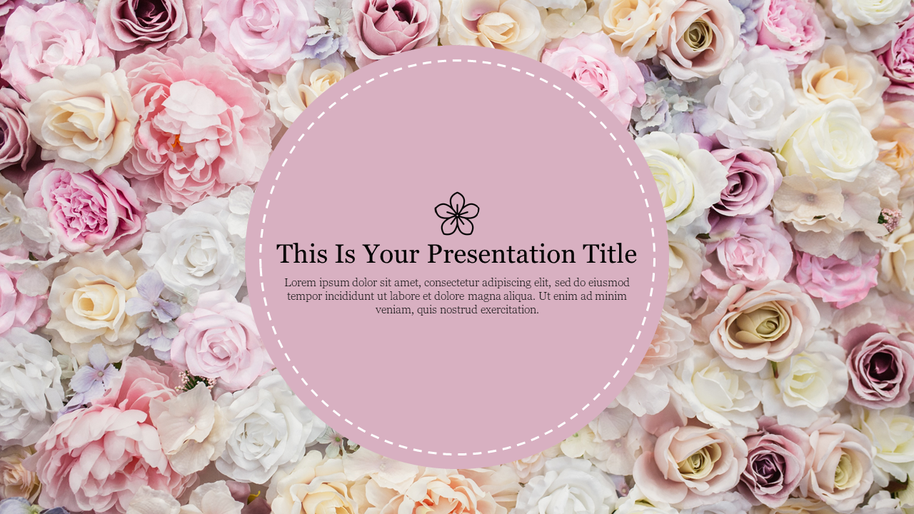 A circular background filled with pink roses, flowers and a central title with a caption area.