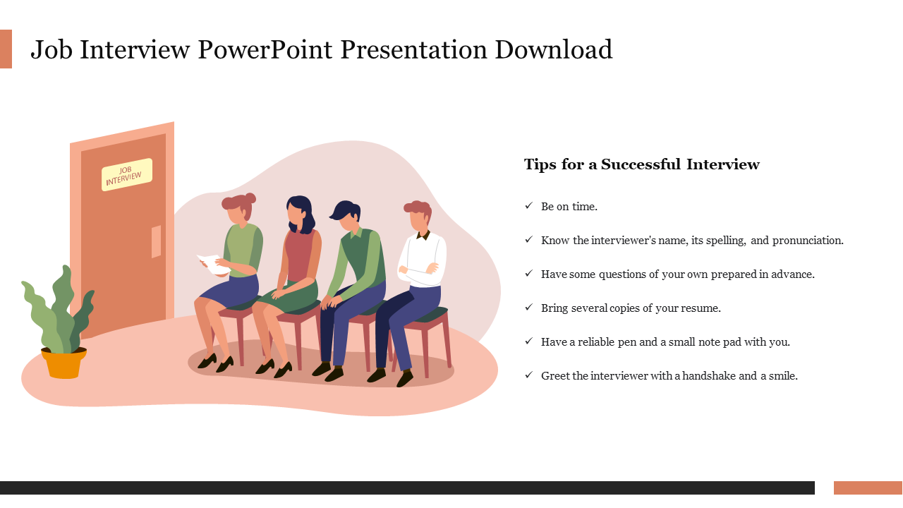 Job interview slide with people seated in a waiting room and key interview tips, including punctuality and preparation.