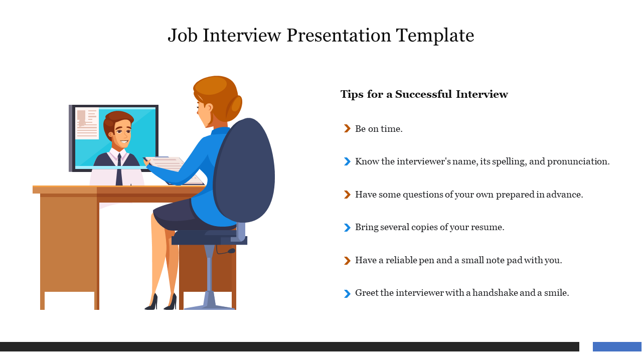 Job interview illustration with tips listed on the right, featuring a woman and an interviewer on a computer screen.