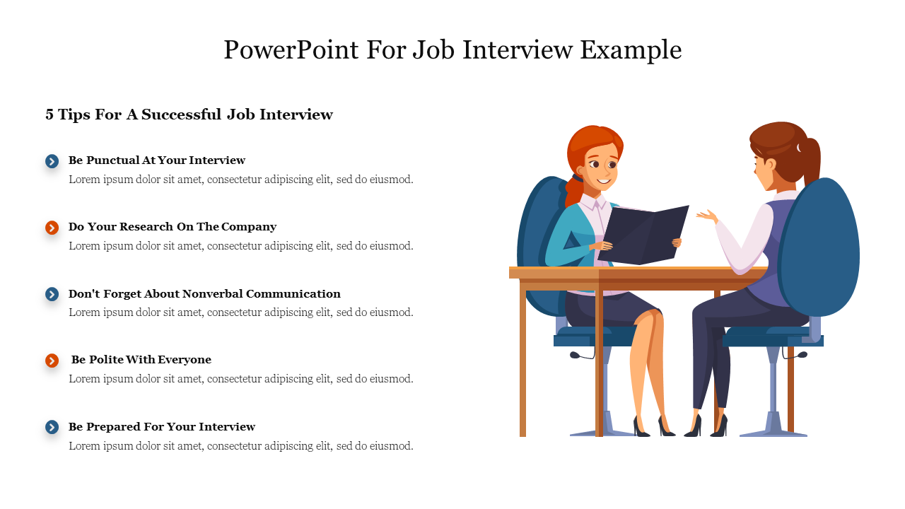 A slide showing an interviewer and interviewee with five tips for a successful job interview with placeholder text.