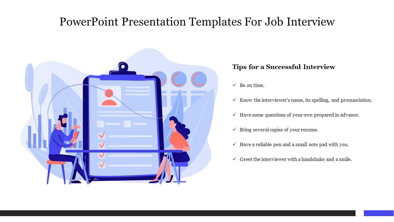 Illustration of two people discussing a checklist on a clipboard, with interview tips listed on the right side.