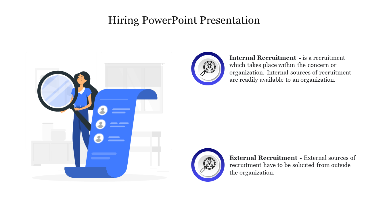 Visual of a hiring process with a person examining a document and separate sections for internal and external recruitment.