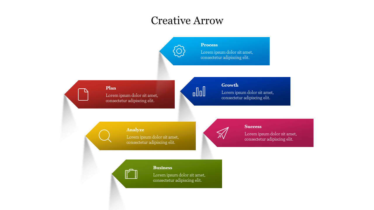 Six colorful diagonal arrows in red, yellow, green, teal, blue, and pink, each with icons and staggered across the layout.