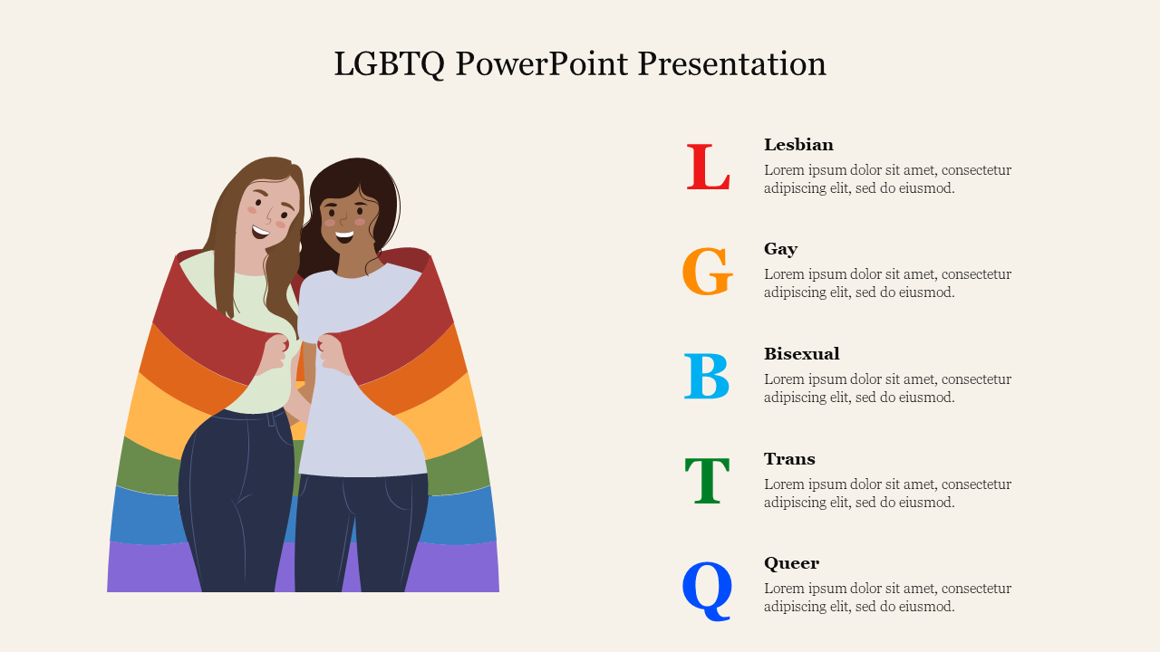 Illustration of two people wrapped in a rainbow flag, with LGBTQ definitions listed vertically in colored text.