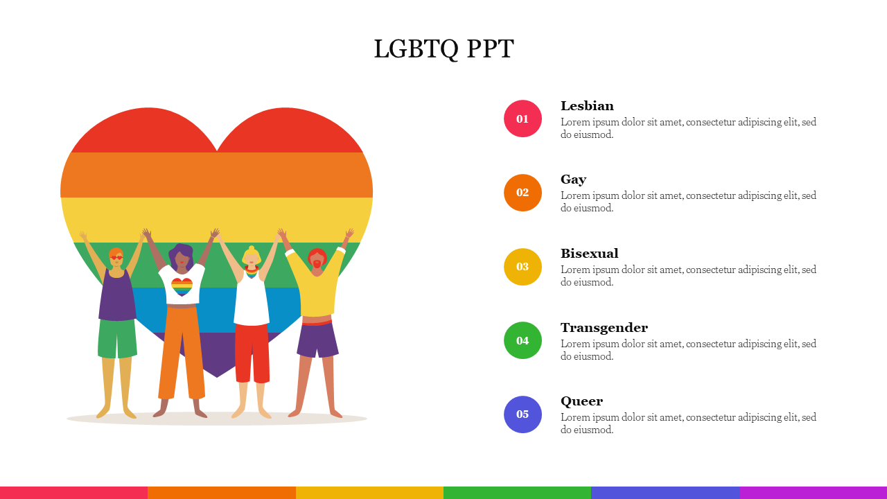 LGBTQ slide with Illustration of diverse people holding hands in front of a rainbow heart, with numbered text bullets.