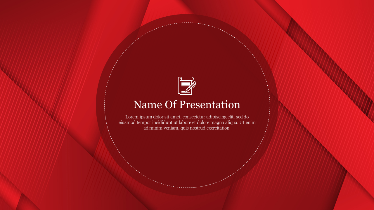 Red themed PowerPoint background with a circular area for presentation title and description.