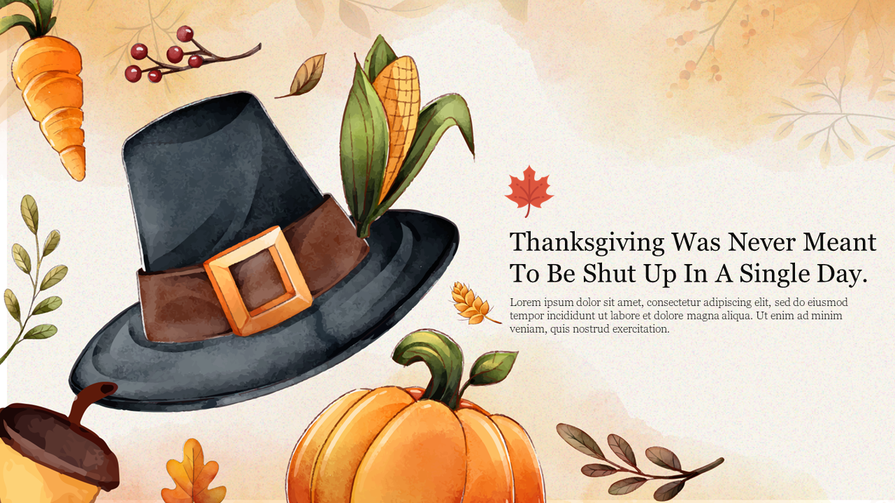 Thanksgiving-themed illustration featuring a black pilgrim hat, pumpkin, corn, and autumn leaves with a caption area.