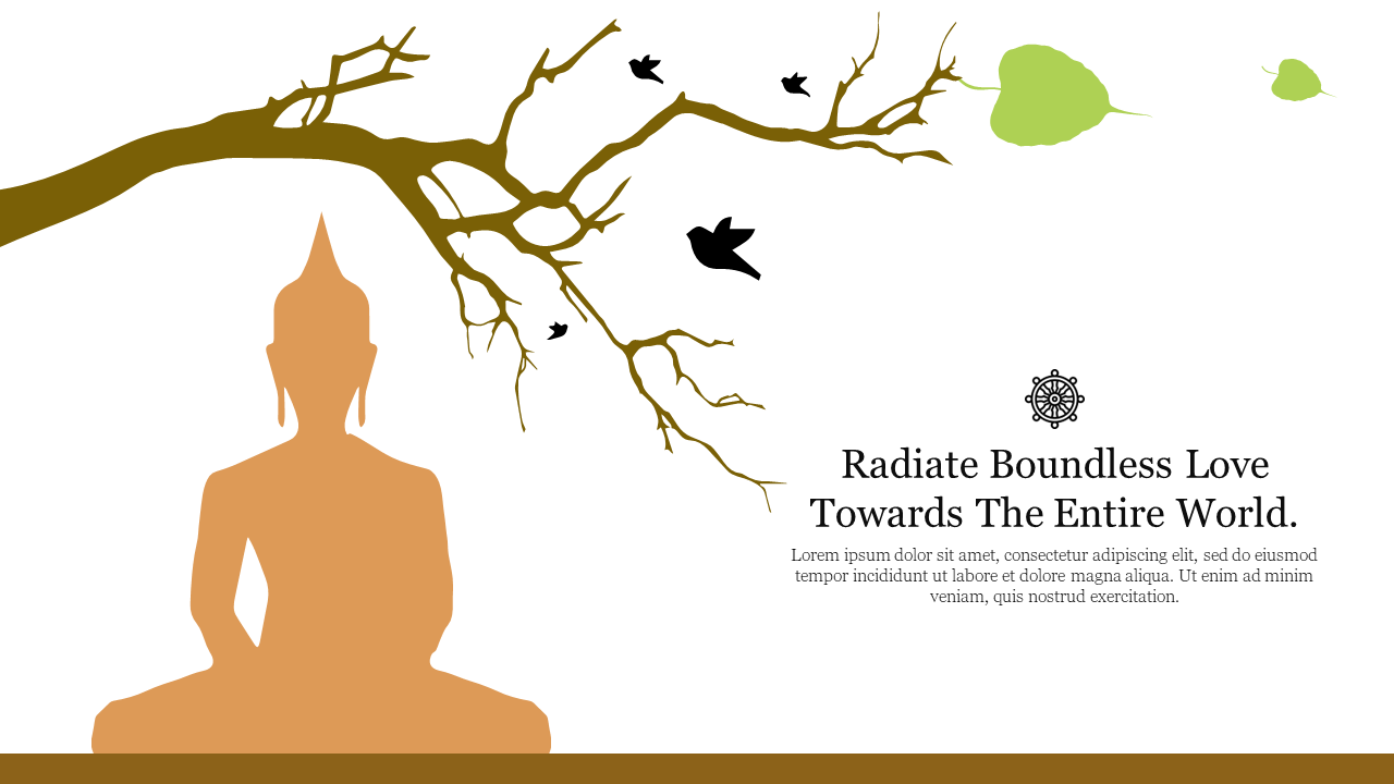 Silhouette of a meditating Buddha beneath a tree branch with flying birds and falling leaves on a white backdrop.