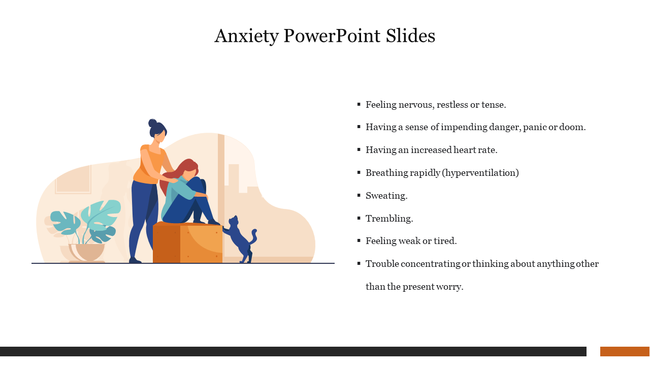 Illustration of a woman comforting another with a list of anxiety symptoms on the right, set against a light background.