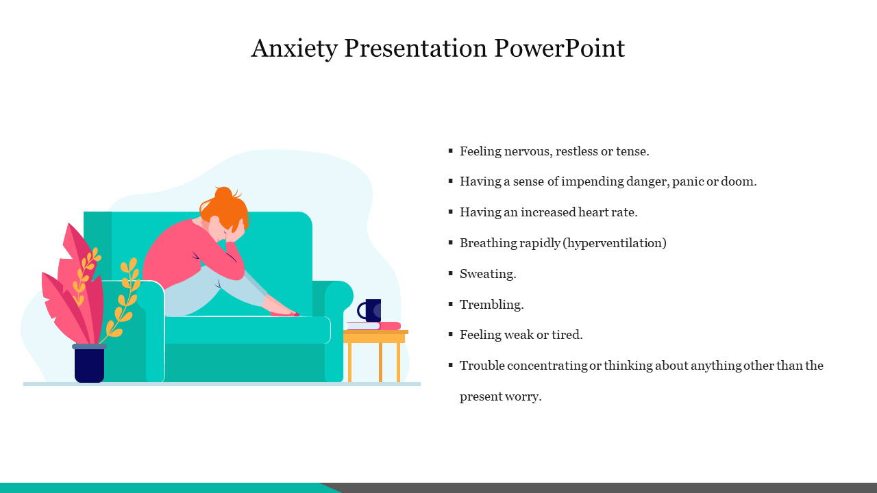 Title slide on anxiety with distressed woman on couch with symptom list in a white background.