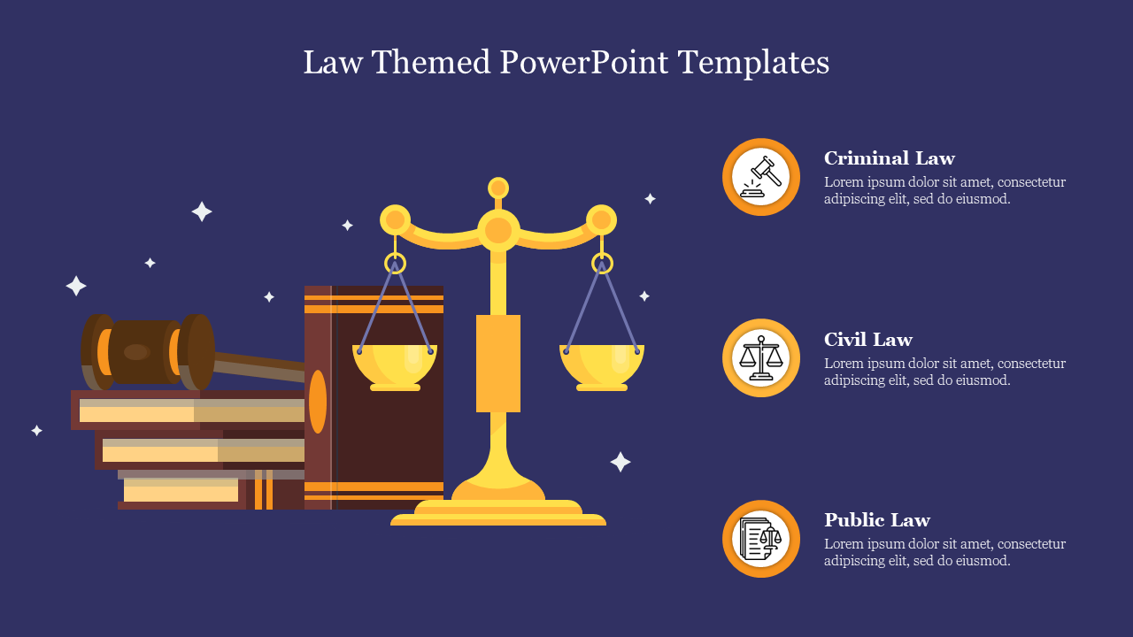 Law themed slide featuring scales of justice, books, and icons representing three sections on a dark blue background.