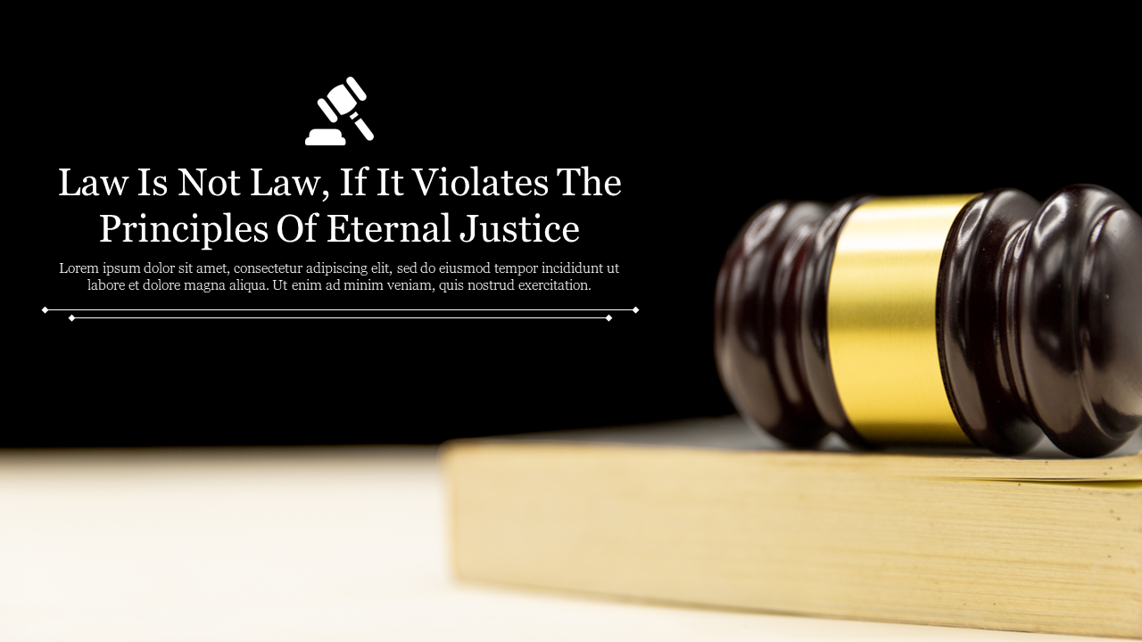 A gavel with a gold band resting on a book against a black background, symbolizing justice and law.