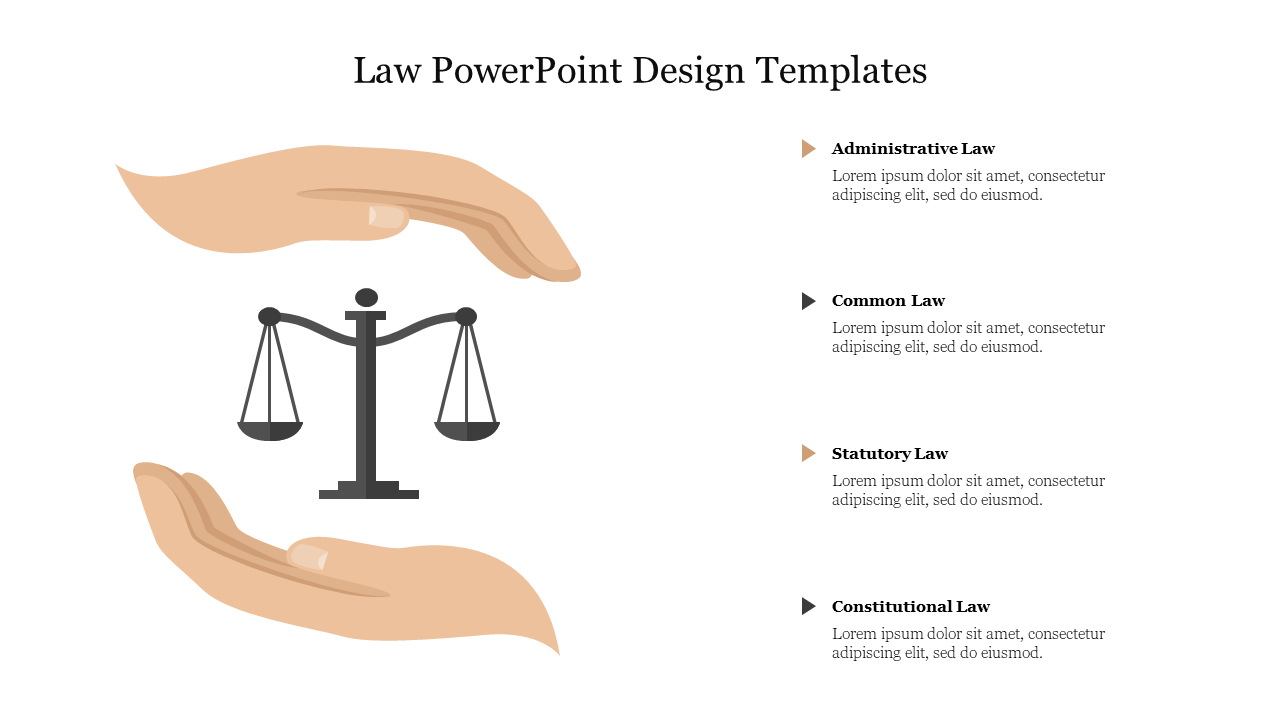 Illustration of a balanced scale held by two hands, symbolizing justice, with text boxes  listing different types of law.