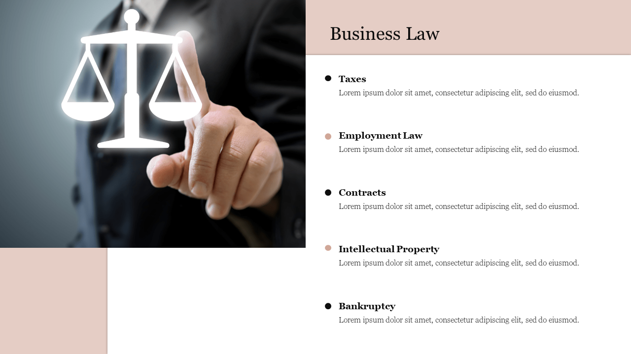 Business law slide featuring a hand touching glowing scales of justice and a list of five topics with placeholder text.