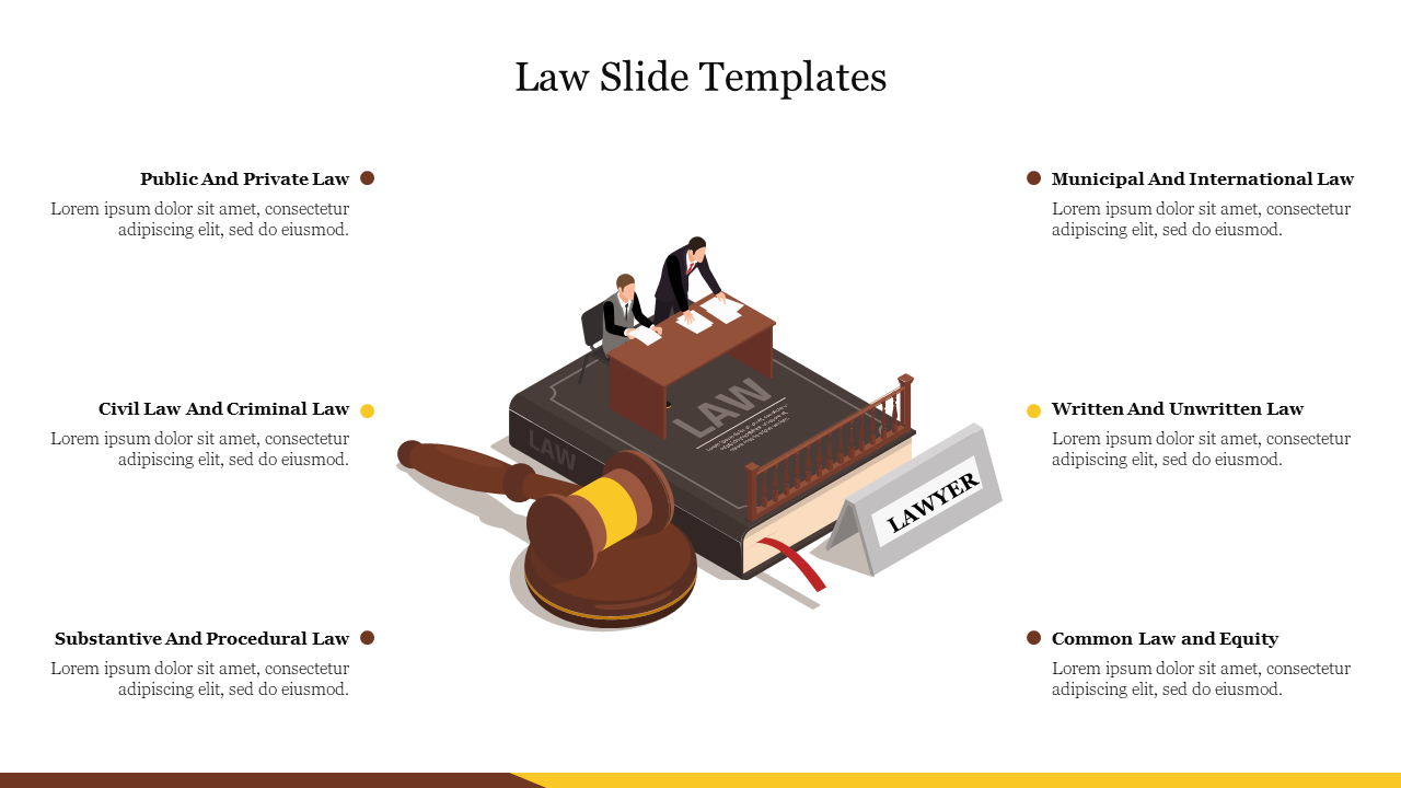 Slide featuring six law topics encircling an illustration of a gavel, book, and two individuals at a desk.