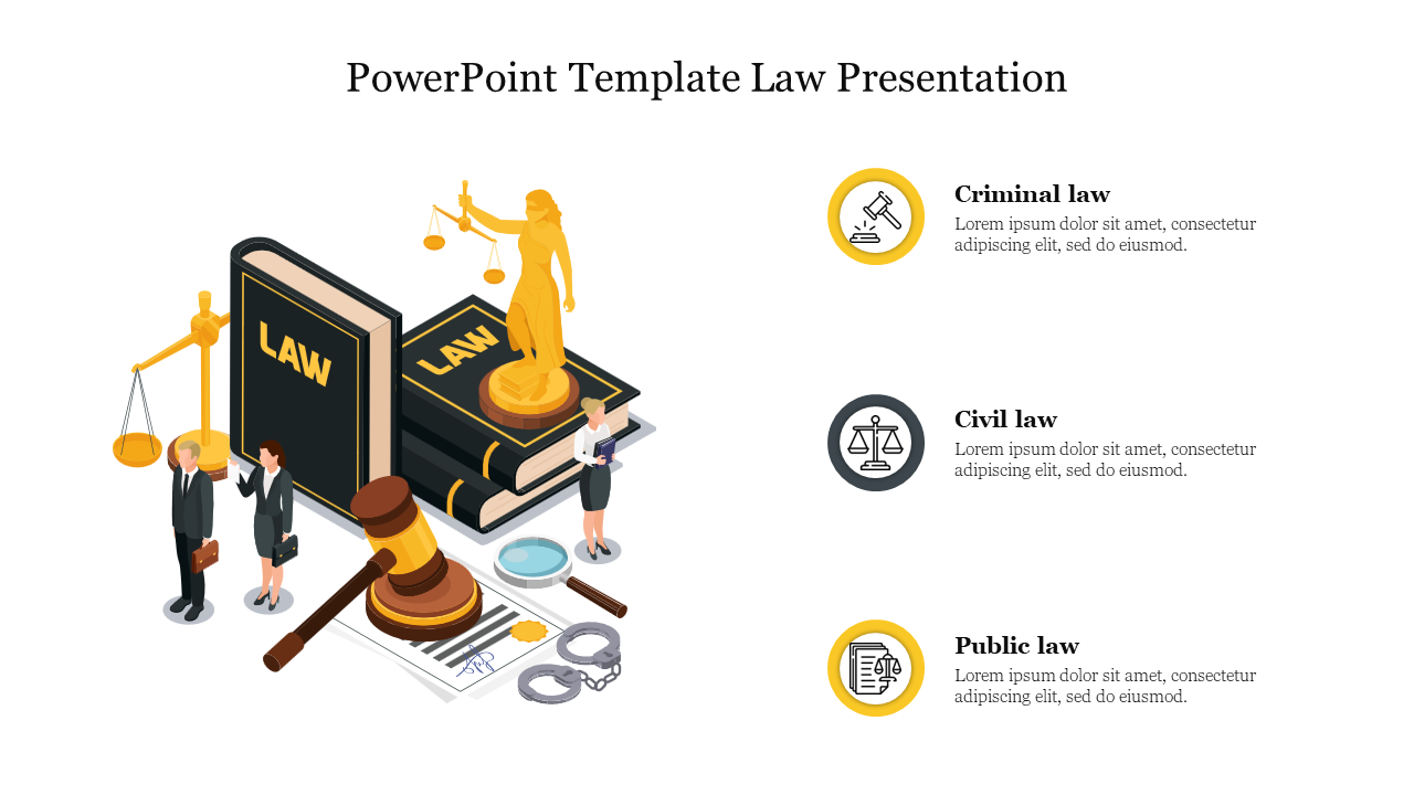 Legal themed illustration with law books, a gavel, and Lady Justice, alongside three icons with captions.