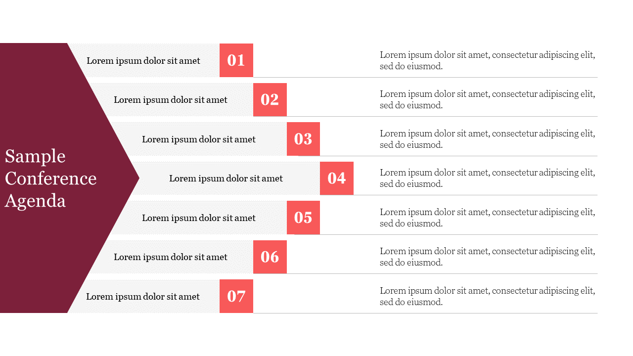 Conference agenda slide with a maroon section on the left and seven rows displaying numbered steps with corresponding text.