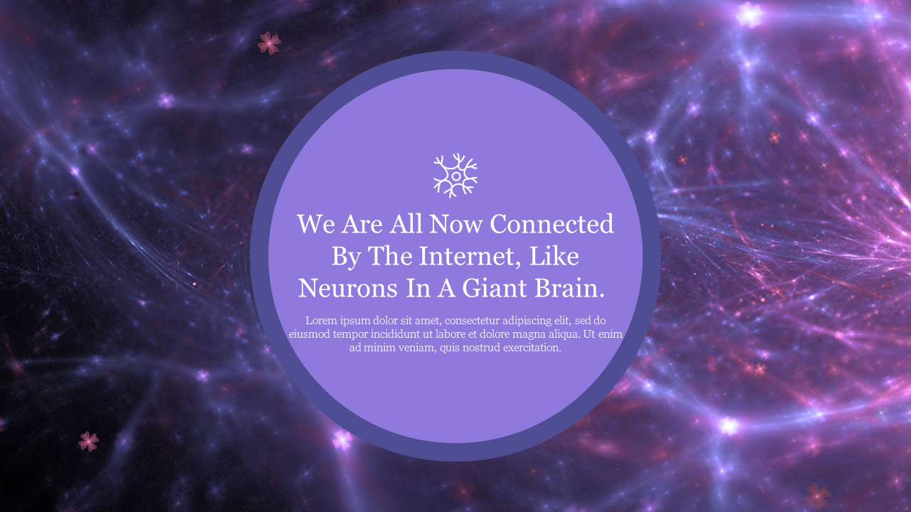 Dark purple and pink gradient background featuring a circular text box with a soft glow, surrounded by a neuron like design.