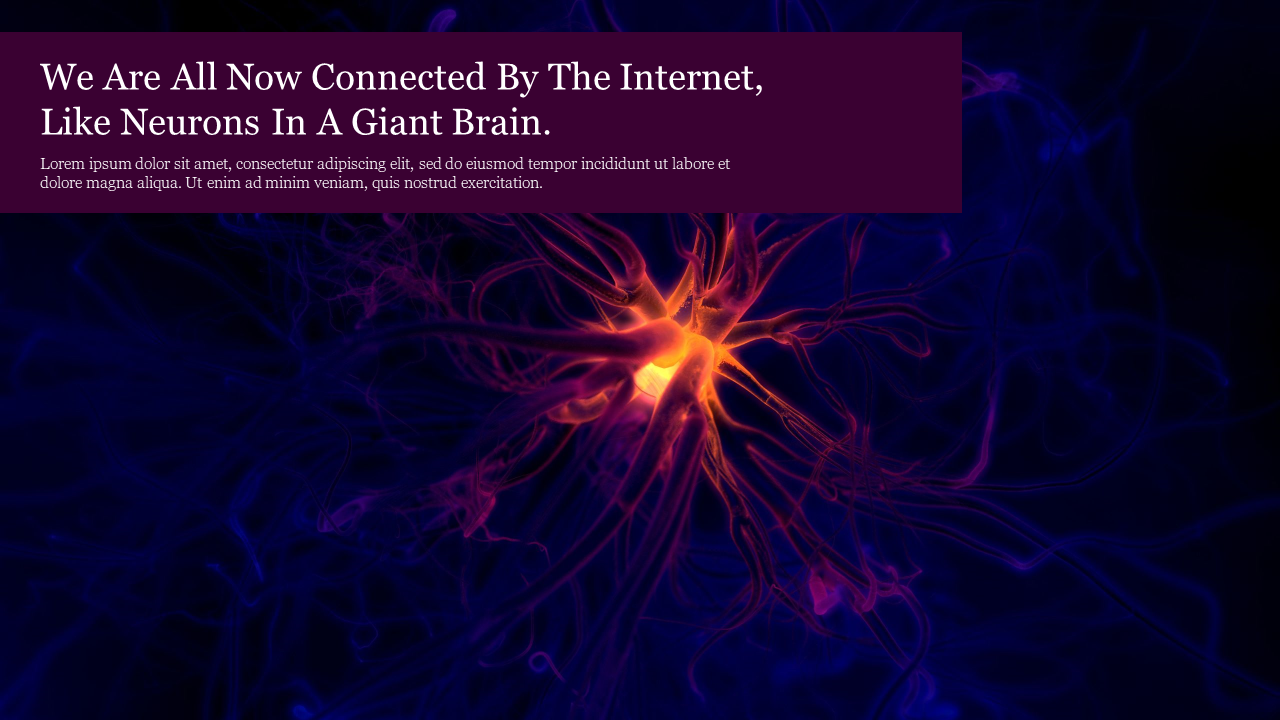 An abstract image of a glowing neuron-like structure in vibrant orange and purple, with a placeholder text box.