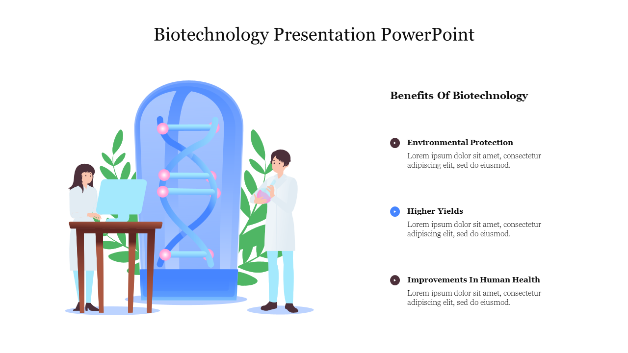 Slide with illustrated scientists, a blue DNA helix, green plants, and three bullet points about biotechnology benefits.