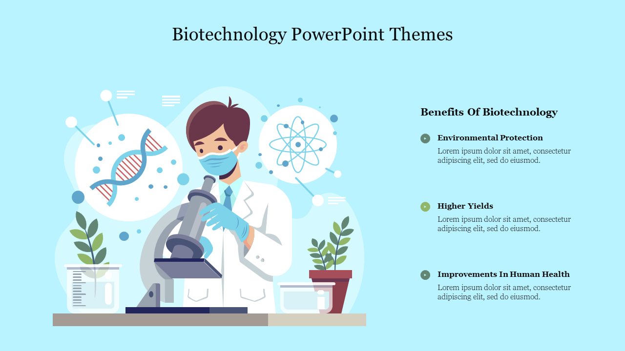 Illustration of a scientist with a microscope, surrounded by DNA and scientific symbols, with plants on the table.