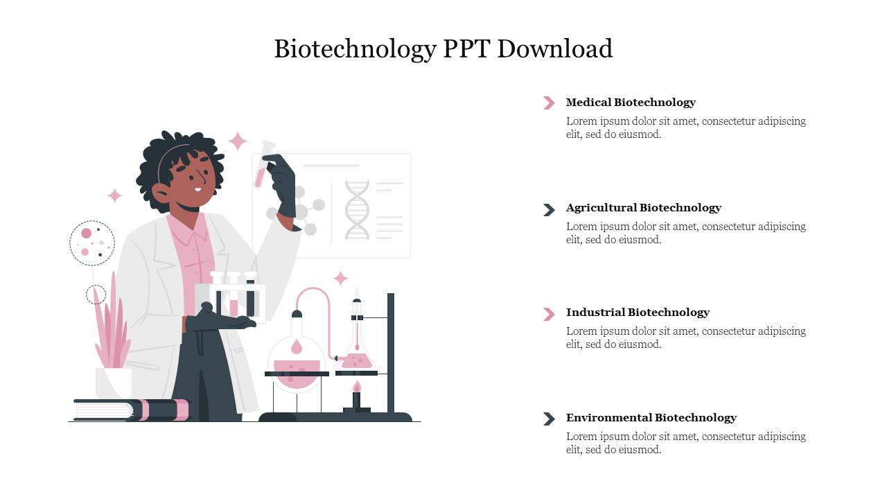 Biotechnology slide featuring a lab setup with a researcher analyzing samples, and bullet points for various fields.