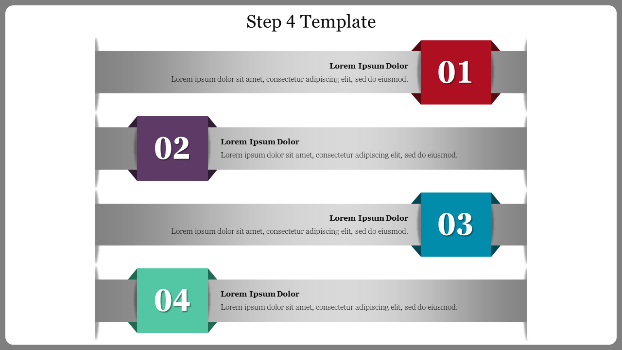 Four-step template with colored banners and numbers from 1 to 4 in red, purple, blue, and green, with placeholder text area.