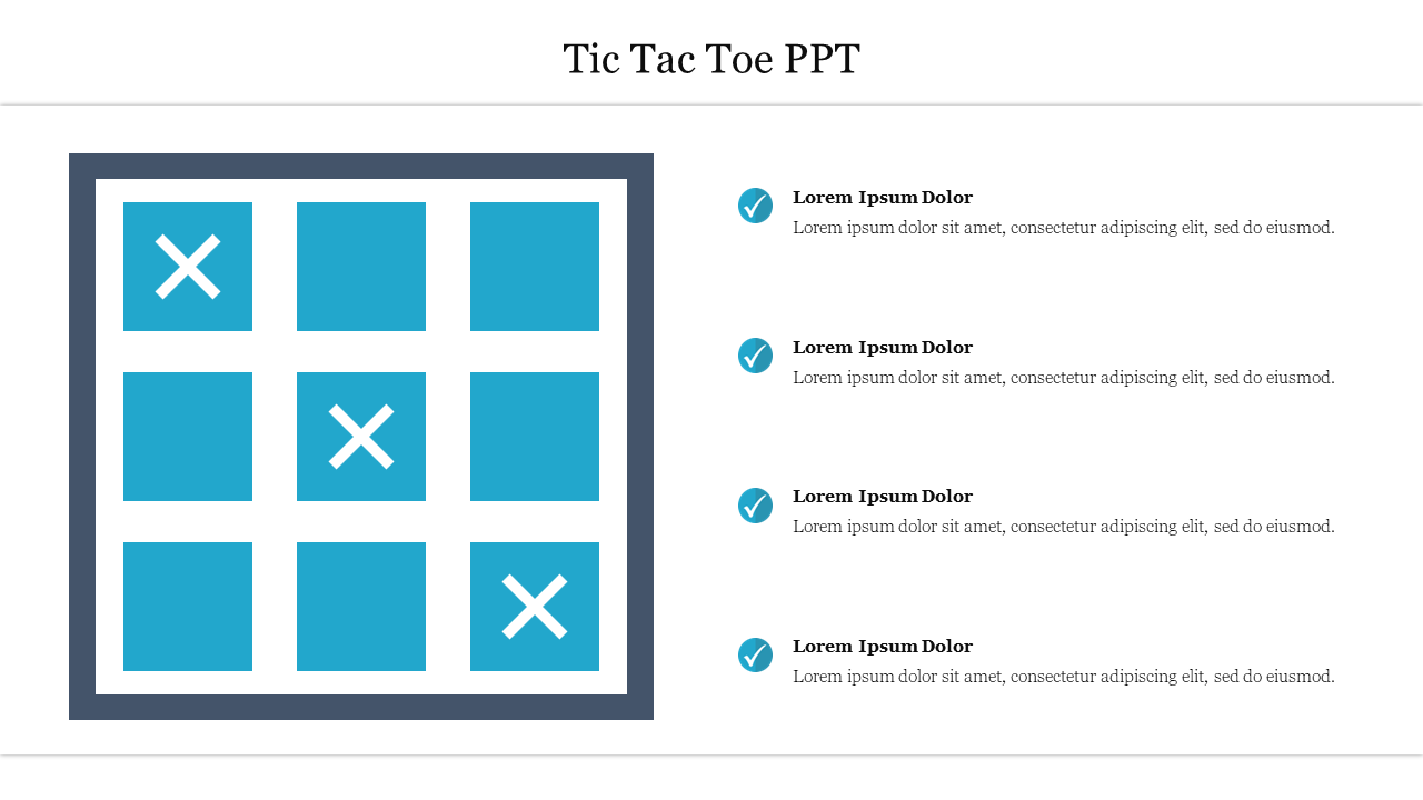 Tic tac toe grid with three X marks and bullet points with caption areas on the right-hand side.