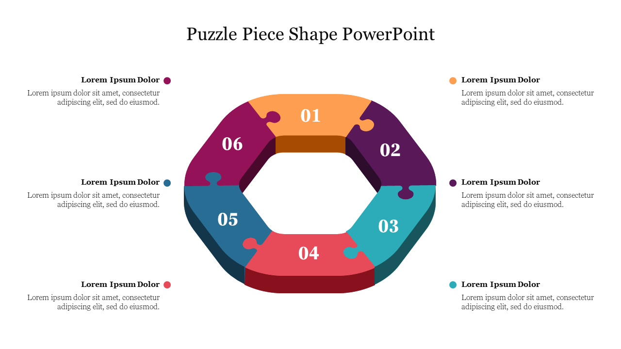 Puzzle piece shape PowerPoint template with six sections, each numbered 1 to 6 and accompanied by descriptive text.