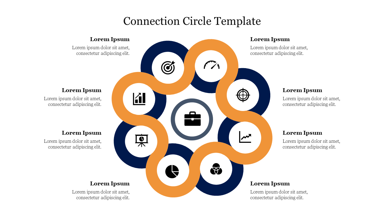 Circular infographic with interconnected orange and navy rings around a briefcase icon, each containing text.