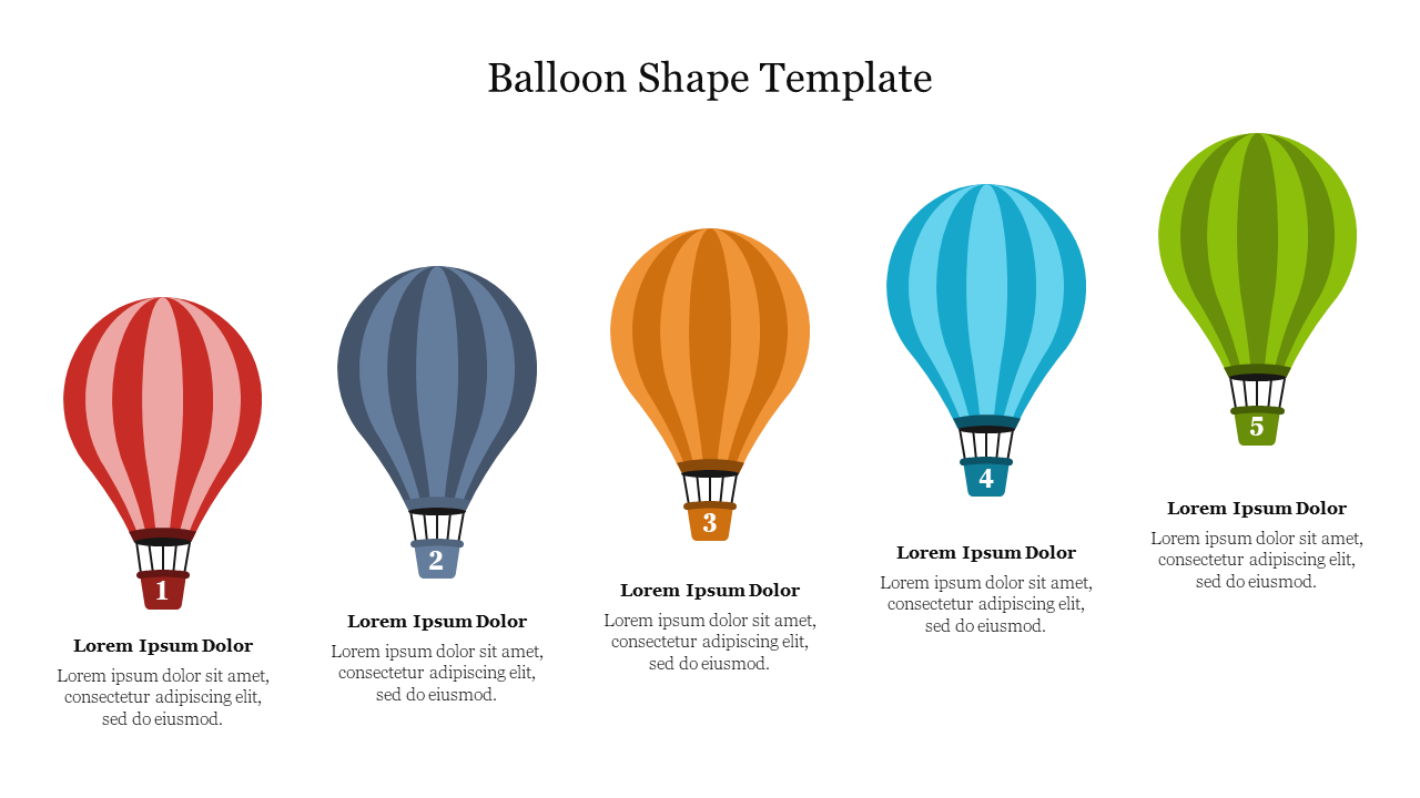 Five hot air balloons in different colors numbered from one to five, each with a placeholder text area below.